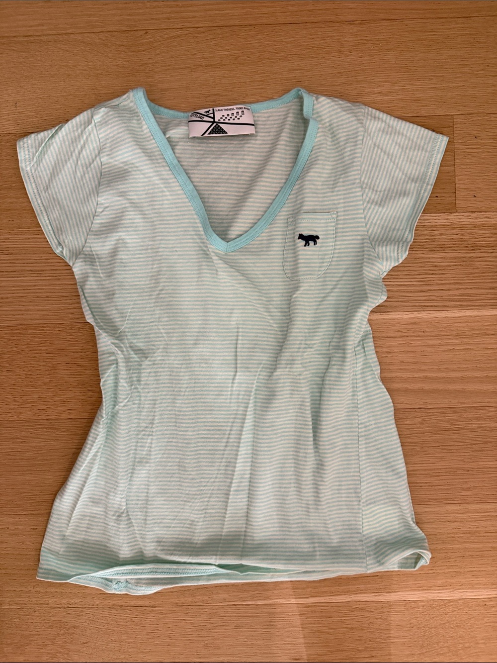 MAISON KITSUNE Mint & White Striped V-Neck Tee for women